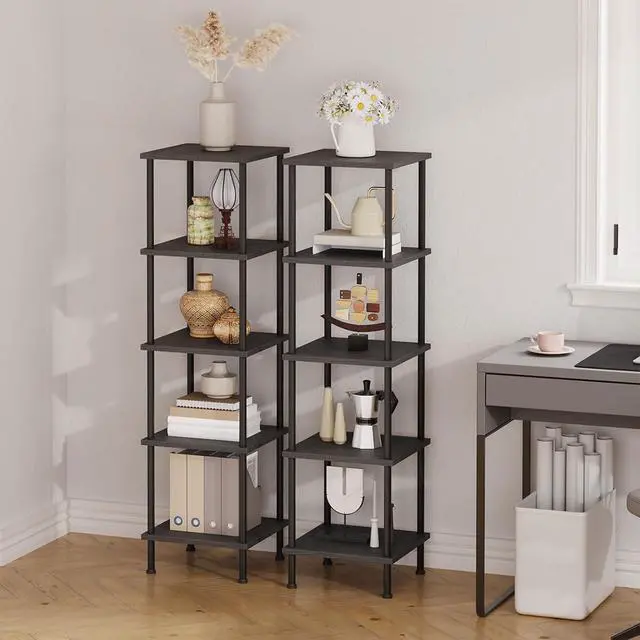 Alt view image 5 of 7 - HOOBRO 5-Tier Corner Shelf Stand, Corner Square Rack Display Shelf, Tall Storage Rack Plant Stand, Corner Bookcase for Small Spaces, Living Room, Home Office, Kitchen, Black BK50CJ01