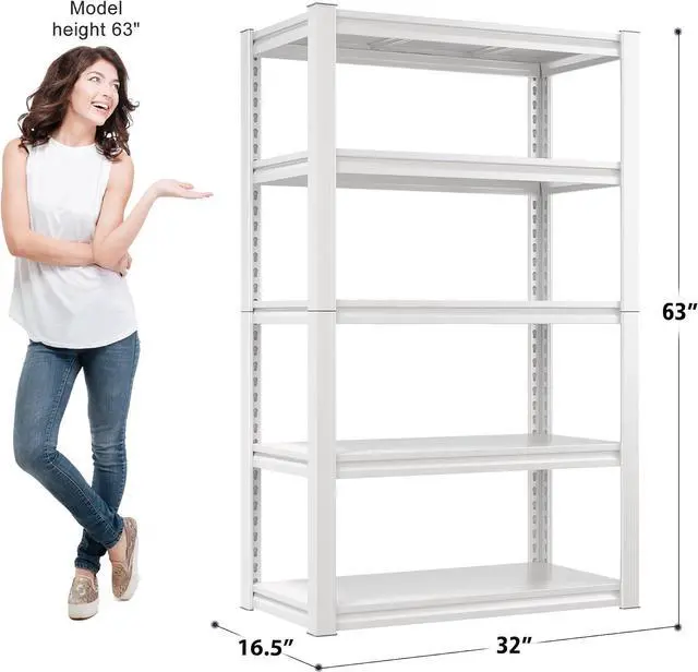 Alt view image 2 of 6 - Raybee Storage Shelves, 2000LBS Garage Shelving,White Metal Shelves, 5 Tier Adjustable Heavy Duty Shelving for Pantry Kitchen Closet Basement Warehouse 16.5" D x 32" W x 63" H