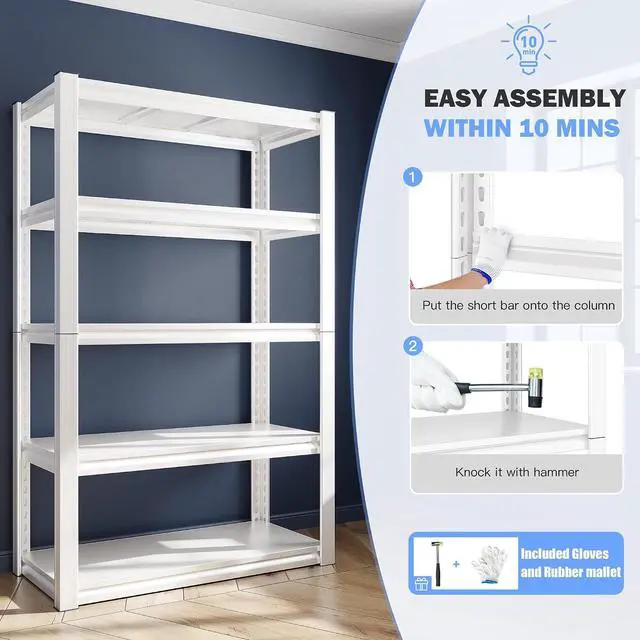Alt view image 4 of 6 - Raybee Storage Shelves, 2000LBS Garage Shelving,White Metal Shelves, 5 Tier Adjustable Heavy Duty Shelving for Pantry Kitchen Closet Basement Warehouse 16.5" D x 32" W x 63" H