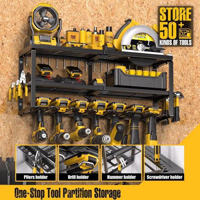 Alt view image 4 of 7 - Spampur Power Tool Organizer for Tool Storage, Drill Holder Wall Mount with Screwdriver Organizer, Tool Holder for Garage Wall Organization, Heavy Duty Metal Tool Shelf with Battery Holder