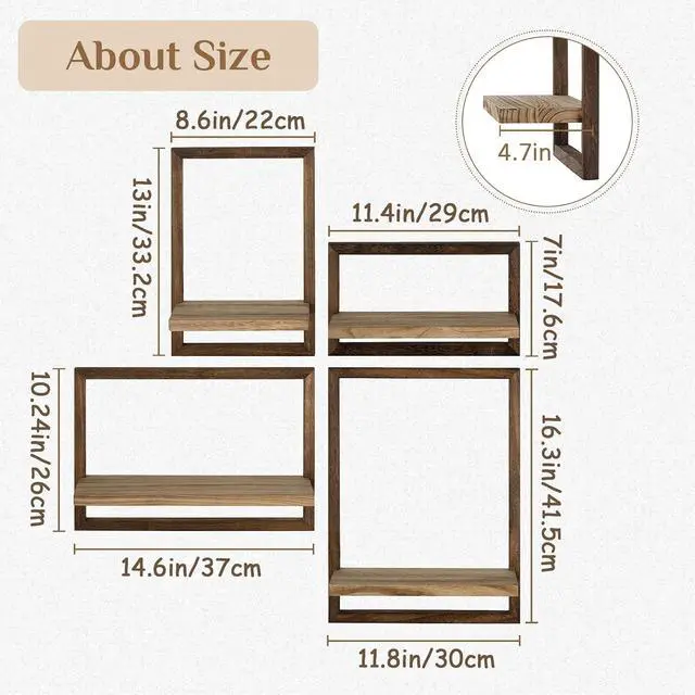 Alt view image 3 of 7 - Rustic Wooden Floating Shelves: Farmhouse wall Decor, Set of 4