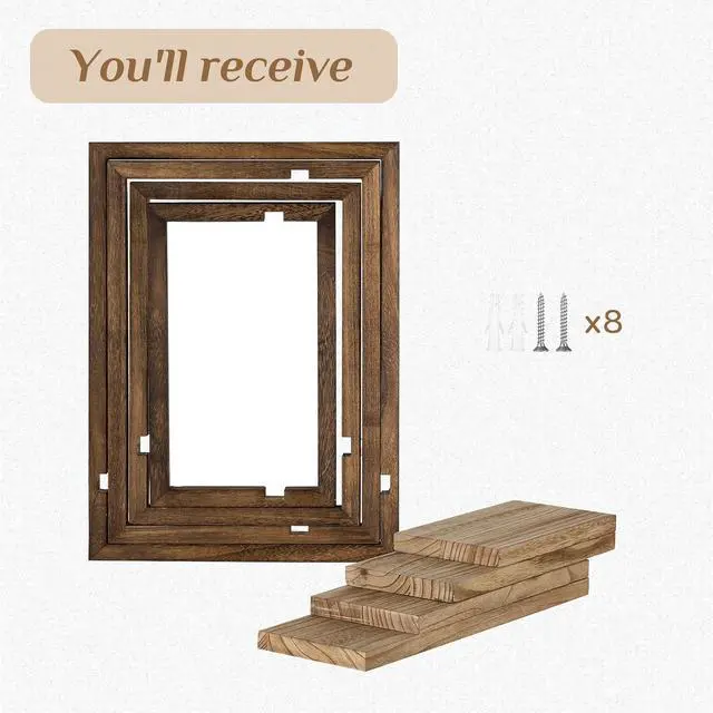 Alt view image 7 of 7 - Rustic Wooden Floating Shelves: Farmhouse wall Decor, Set of 4