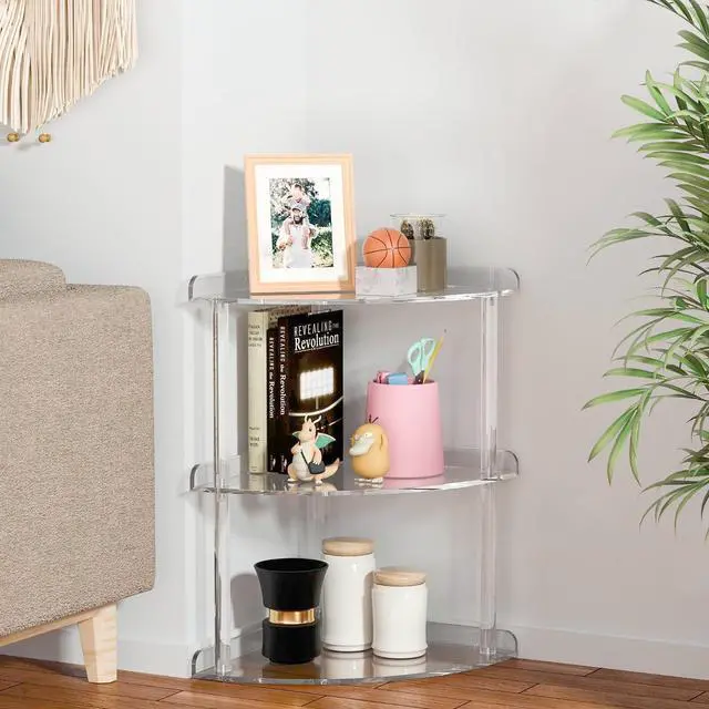 Alt view image 2 of 6 - Sezanrpt 3 Tier Acrylic Corner Shelf Organizer Storage 9.5x9.5x15.7 Inch, Transparent Countertop Corner Shelf for Bathroom, Kitchen, Bedroom, Office, Study Room