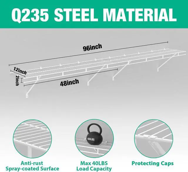 Alt view image 3 of 6 - HAUSHOF 2 Pack Closet Shelves Wall Mounted, 4 ft x 12 in Wire Shelf Kit