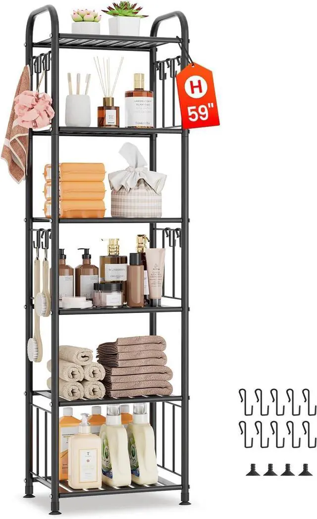 Main image of PouHenier.jh Tall Metal Narrow Skinny Shelf Unit for Bathroom, 6 Tier Black