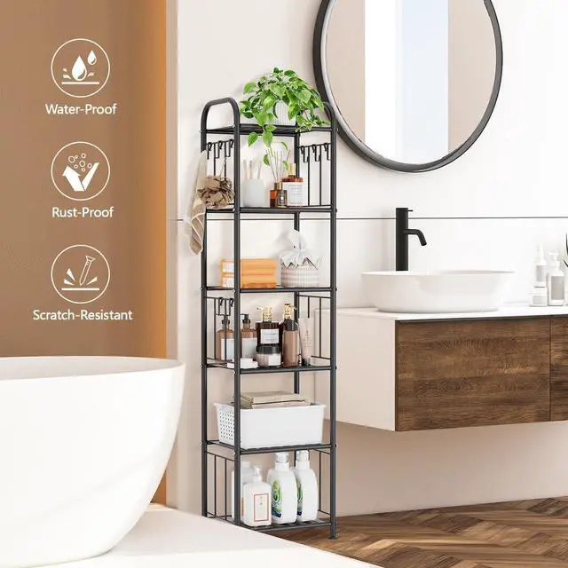 Alt view image 3 of 7 - PouHenier.jh Tall Metal Narrow Skinny Shelf Unit for Bathroom, 6 Tier Black