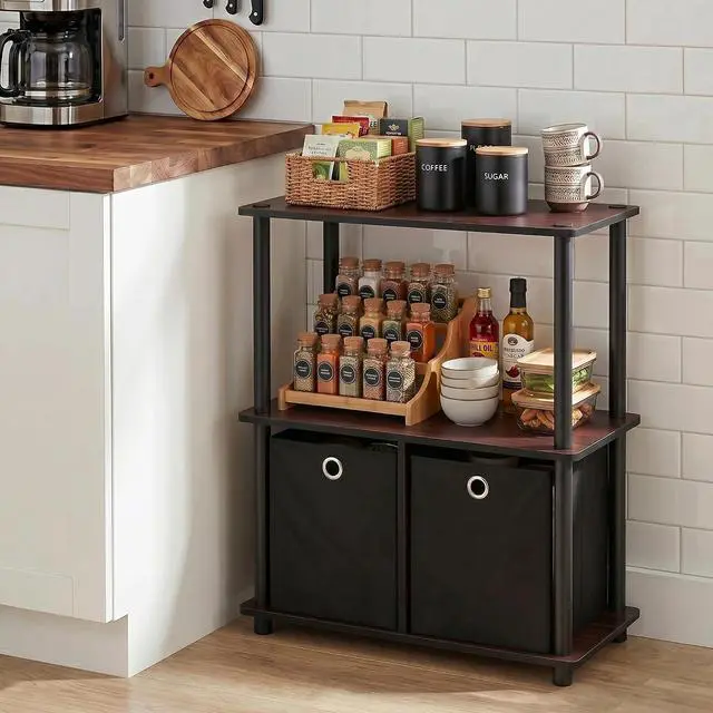 Alt view image 2 of 7 - Furinno TURN-N-TUBE Storage Shelves, 3-Tier Toolless Book Shelf with Storage Bins, Display Shelf, for Organization and Storage, Living Room, Garage, Home Office, Dark Cherry