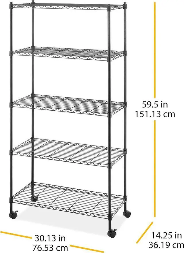 Alt view image 3 of 7 - Whitmor 5 Tier Supreme Shelving Unit, Metal Storage Shelves, Adjustable Heavy Duty Shelf with Wheels, 400 lbs Capacity per Shelf, 2000 lbs Total for Pantry, Garage, Kitchen, Black