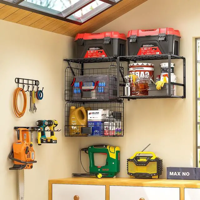 Alt view image 2 of 7 - ThreeHio Garage Shelf Wall Mounted with Wire Baskets, Heavy Duty Garage Wall Shelving with Garden Tool Rack and Hooks, Wire Shelf Baskets Tool Organizer for Home Garden Yard Organization and Storage