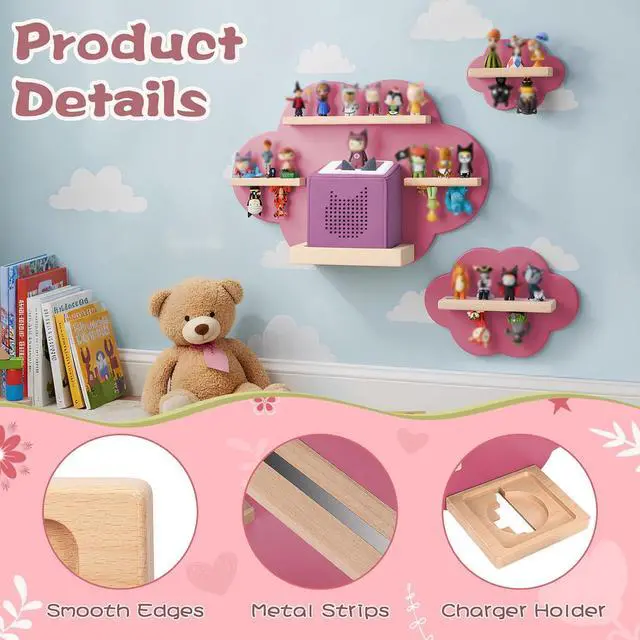 Alt view image 6 of 7 - for TonieBox and for Tonie Shelf Cloud, Tonies Storage for 20-35 Tonie Figures Characters, Floating Shelves Magnetic Wall Shelf for Children Play Room, Charging Station, Pink(3 Pcs)