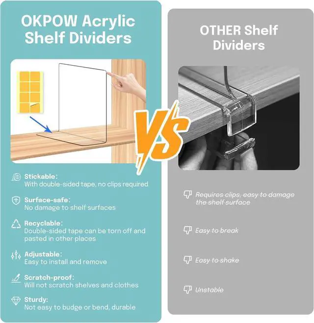 Alt view image 3 of 7 - OKPOW Shelf Dividers for Closet Organization: 12 Pack Durable Clear Acrylic Divider Organizer for Shelves - Vertical Adjustable Shelving Separators for Clothing Purse