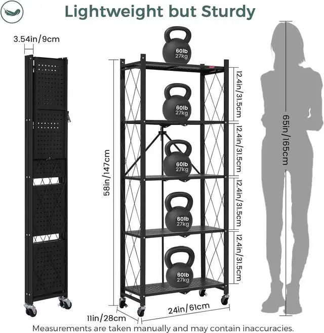 Alt view image 3 of 7 - DEANIC 5-Shelf Folding Bookcase with Wheels, Rolling Bookshelf Heavy Duty Storage Shelves, Freestanding Metal Wire Shelving Unit for Living Room, Office, Kitchen, Basement, Pantry (Black)