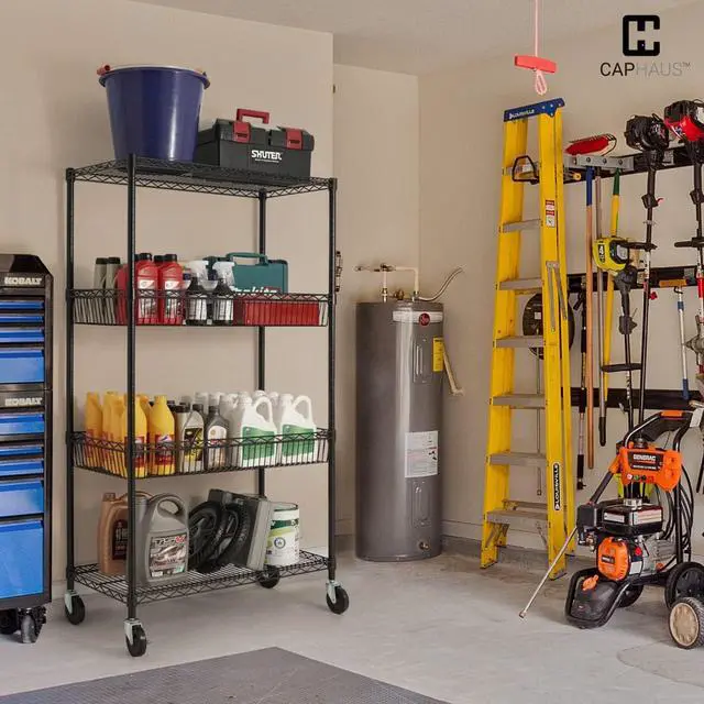 Alt view image 2 of 7 - CAPHAUS NSF Commercial Heavy Duty 4 Tier Wire Shelving w/Two Rectangle Baskets, Wheels, Leveling Feet, Storage Metal Shelf, Basement Garage Shelving, Utility Wire Rack Storage Black