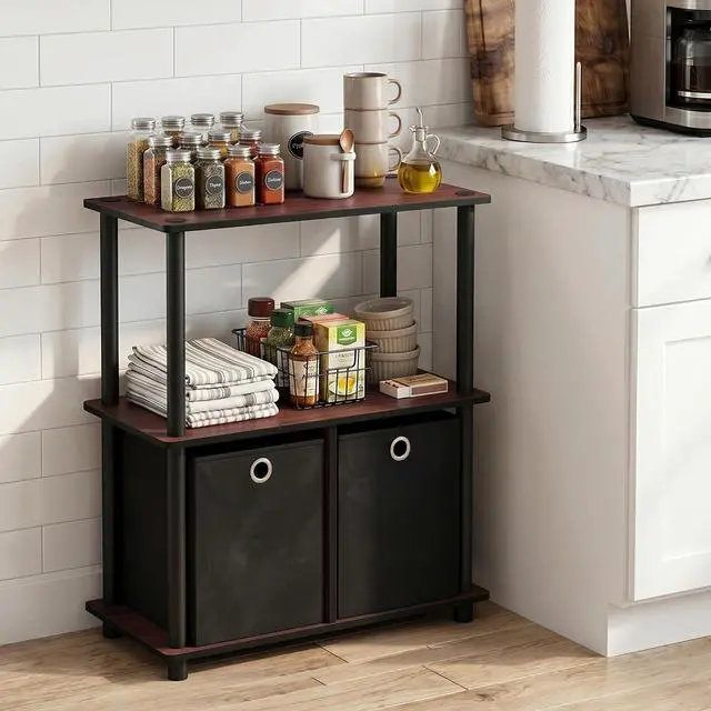 Alt view image 7 of 7 - Furinno TURN-N-TUBE Storage Shelves, 3-Tier Toolless Book Shelf with Storage Bins, Display Shelf, for Organization and Storage, Living Room, Garage, Home Office, Dark Cherry