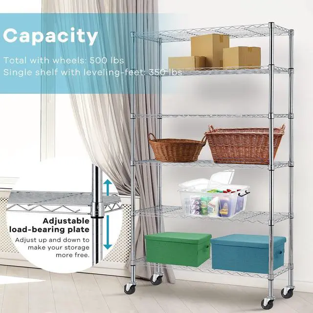 Alt view image 4 of 7 - HCY 6-Tier Storage Shelf Heavy Duty Storage Shelving Unit NSF Height Adjustable Metal Rack with Wheels for Laundry Bathroom Kitchen Garage Pantry Organization 2100 LBS Capacity-82x48x18Chrome