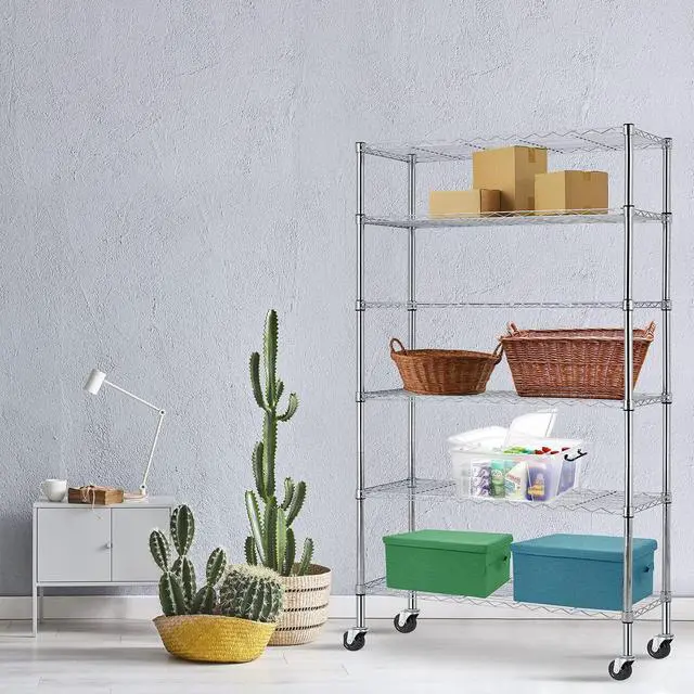Alt view image 2 of 7 - HCY 6-Tier Storage Shelf Heavy Duty Storage Shelving Unit NSF Height Adjustable Metal Rack with Wheels for Laundry Bathroom Kitchen Garage Pantry Organization 2100 LBS Capacity-82x48x18Chrome