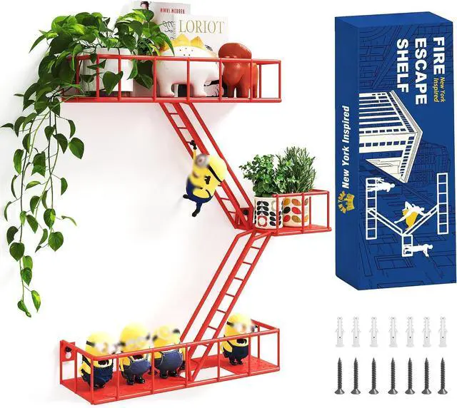 Main image of Fire Escape Shelf - 3 Tier Metal Red Fire Escape Wall Shelves with Baskets, New York Action Figurine Display Shelf, Unique Rustic Floating Decorative Wall Shelves for Any Room