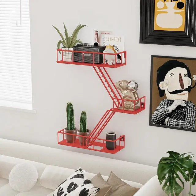 Alt view image 4 of 7 - Fire Escape Shelf - 3 Tier Metal Red Fire Escape Wall Shelves with Baskets, New York Action Figurine Display Shelf, Unique Rustic Floating Decorative Wall Shelves for Any Room