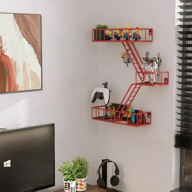 Alt view image 6 of 7 - Fire Escape Shelf - 3 Tier Metal Red Fire Escape Wall Shelves with Baskets, New York Action Figurine Display Shelf, Unique Rustic Floating Decorative Wall Shelves for Any Room