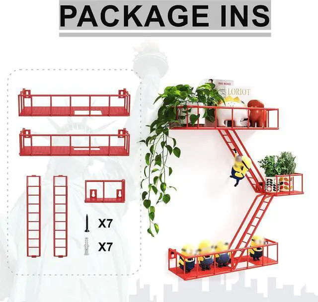 Alt view image 7 of 7 - Fire Escape Shelf - 3 Tier Metal Red Fire Escape Wall Shelves with Baskets, New York Action Figurine Display Shelf, Unique Rustic Floating Decorative Wall Shelves for Any Room