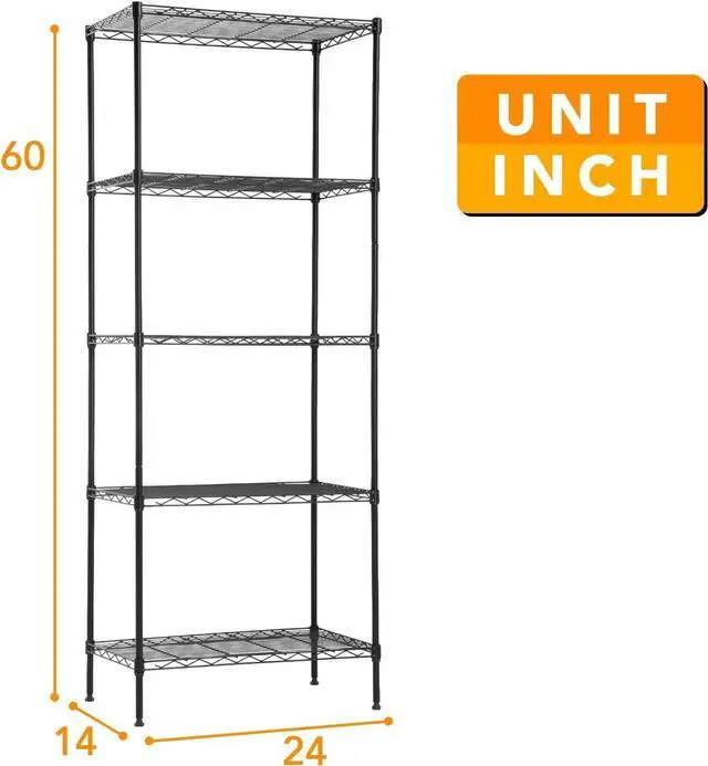 Alt view image 3 of 7 - 14" D×24" W×60" H Wire Shelving Unit Metal Commercial Shelf with 5 Tier Layer Rack Strong Steel for Restaurant Garage Pantry Kitchen GarageBlack