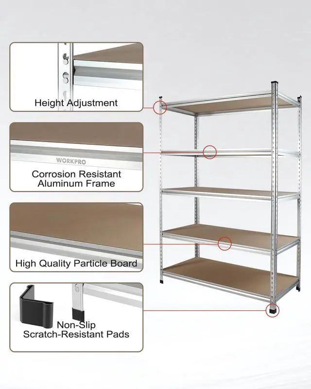 Alt view image 4 of 7 - WORKPRO 5-Tier Shelving, 48W x 24D x 72H, 2750LBS Capacity