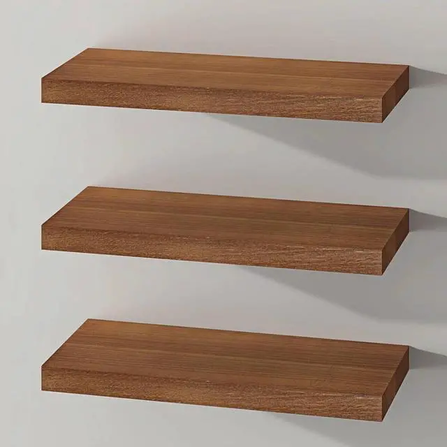 Main image of SAUMONIERES Floating Shelves Wall Shelf Solid Wood for Bathroom Bedroom Kitchen Storage Set of 3, Walnut Wall Shelves