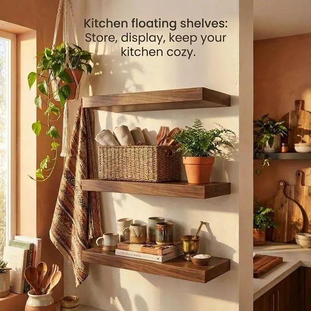 Alt view image 4 of 7 - SAUMONIERES Floating Shelves Wall Shelf Solid Wood for Bathroom Bedroom Kitchen Storage Set of 3, Walnut Wall Shelves