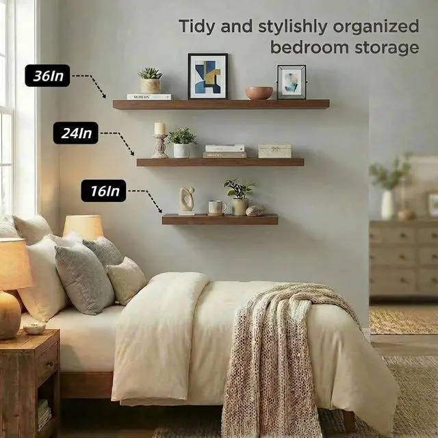 Alt view image 5 of 7 - SAUMONIERES Floating Shelves Wall Shelf Solid Wood for Bathroom Bedroom Kitchen Storage Set of 3, Walnut Wall Shelves