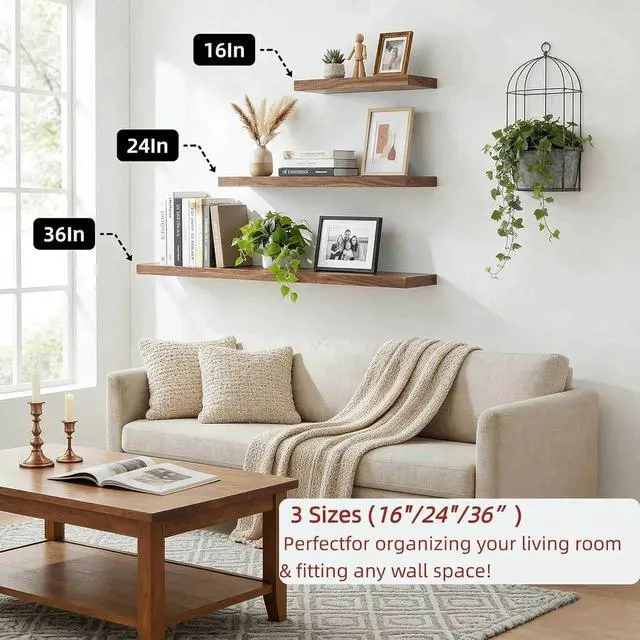 Alt view image 6 of 7 - SAUMONIERES Floating Shelves Wall Shelf Solid Wood for Bathroom Bedroom Kitchen Storage Set of 3, Walnut Wall Shelves
