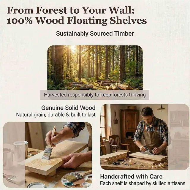 Alt view image 7 of 7 - SAUMONIERES Floating Shelves Wall Shelf Solid Wood for Bathroom Bedroom Kitchen Storage Set of 3, Walnut Wall Shelves