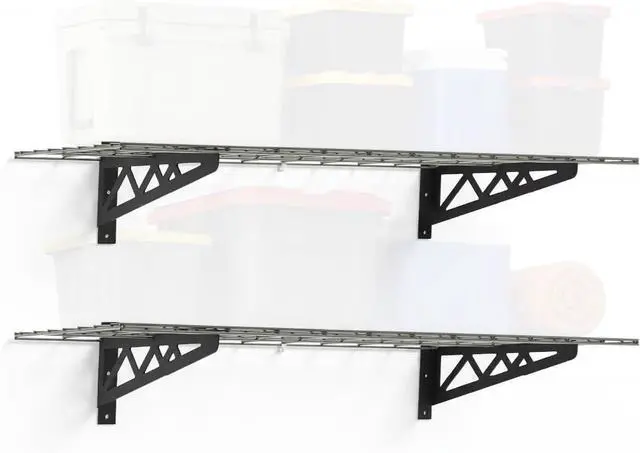 Main image of SafeRacks Steel Garage Wall Shelves 2-Pk w/Hooks, 500lb, Hammertone (18x48)