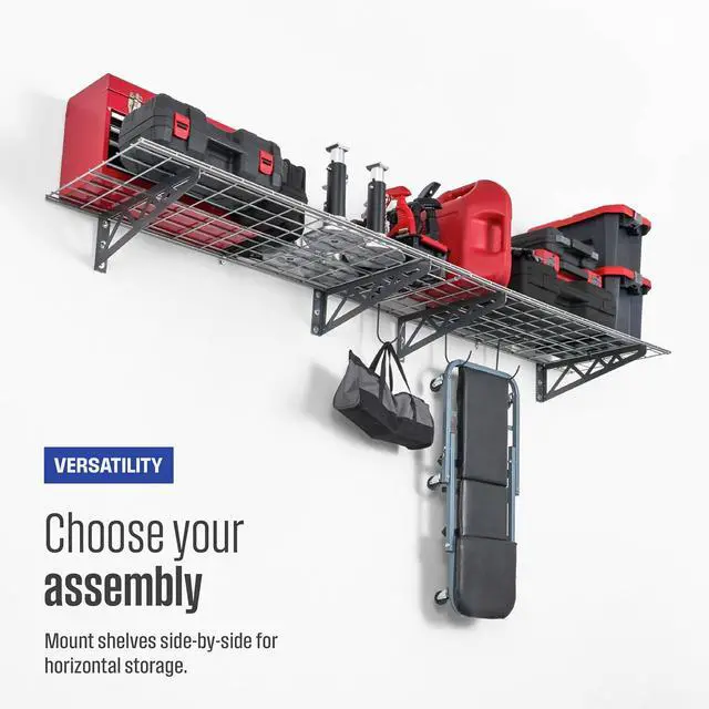 Alt view image 6 of 6 - SafeRacks Steel Garage Wall Shelves 2-Pk w/Hooks, 500lb, Hammertone (18x48)