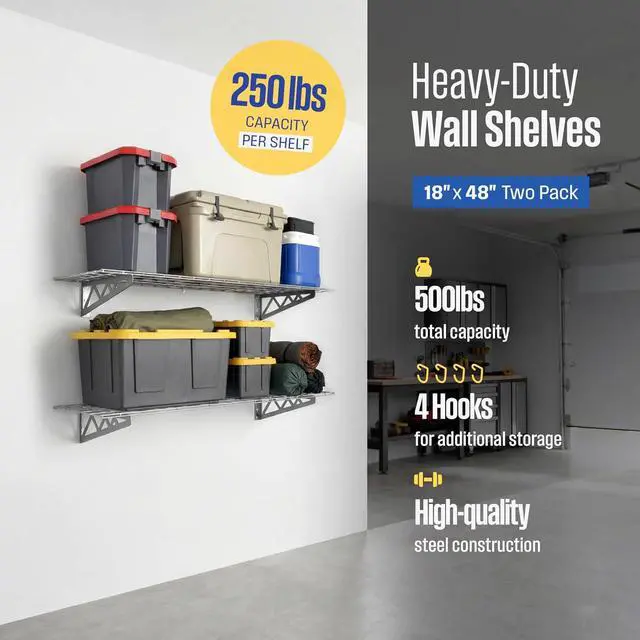 Alt view image 2 of 6 - SafeRacks Steel Garage Wall Shelves 2-Pk w/Hooks, 500lb, Hammertone (18x48)