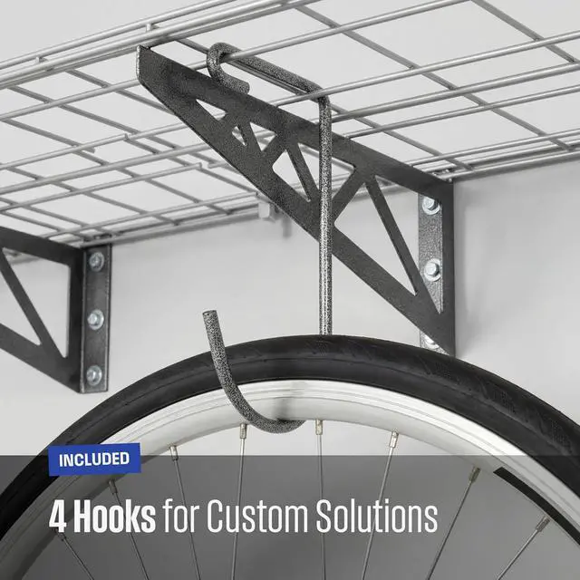 Alt view image 5 of 6 - SafeRacks Steel Garage Wall Shelves 2-Pk w/Hooks, 500lb, Hammertone (18x48)
