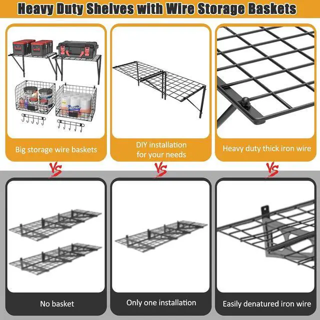 Alt view image 7 of 7 - ThreeHio 2 Pack Garage Shelves Wall Mounted with Wire Baskets, Heavy Duty Garage Wall Shelving with Hooks, Wire Shelf Baskets Tool Organizer for Home Garden Garage Organization and Storage