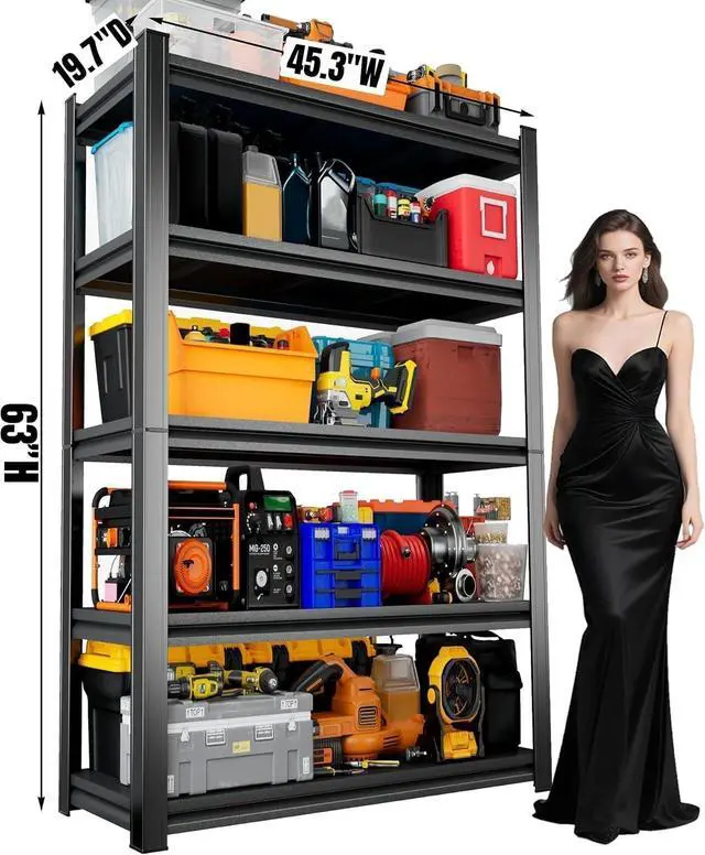 Alt view image 3 of 7 - 5 Tier Metal Garage Shelving, Adjustable Rack, Black (63" H x 45.3" W x 19.7" D)