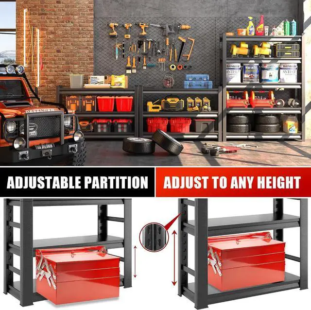 Alt view image 4 of 7 - 5 Tier Metal Garage Shelving, Adjustable Rack, Black (63" H x 45.3" W x 19.7" D)