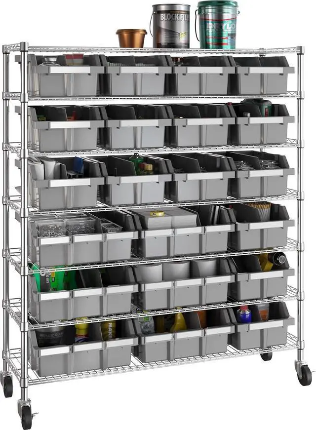 Alt view image 2 of 7 - 7-Tier NSF 21-Bin Steel Wire Shelving Rack, 48"W x 14"D x 56"H, Gray