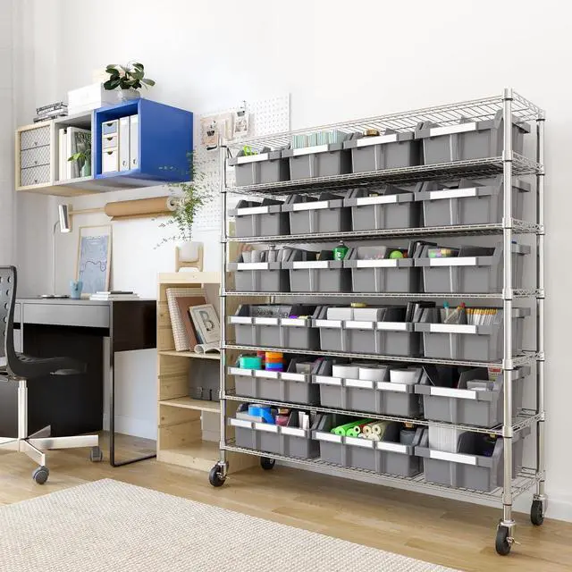 Alt view image 3 of 7 - 7-Tier NSF 21-Bin Steel Wire Shelving Rack, 48"W x 14"D x 56"H, Gray