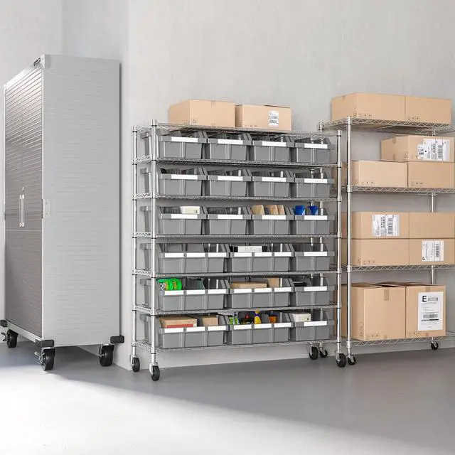 Alt view image 7 of 7 - 7-Tier NSF 21-Bin Steel Wire Shelving Rack, 48"W x 14"D x 56"H, Gray