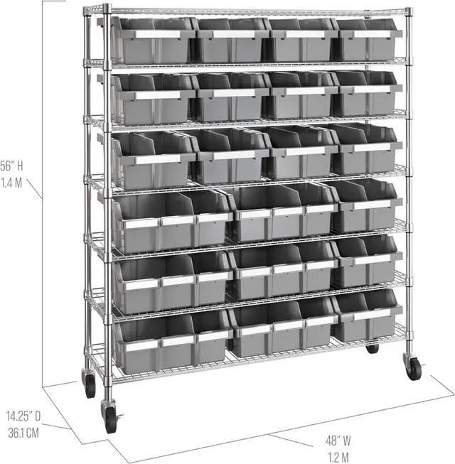 Alt view image 6 of 7 - 7-Tier NSF 21-Bin Steel Wire Shelving Rack, 48"W x 14"D x 56"H, Gray