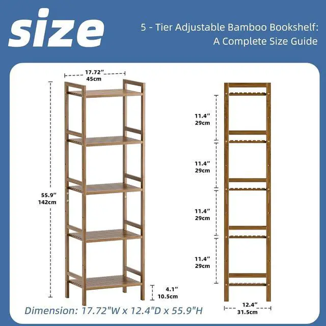 Alt view image 3 of 7 - HITNET Bamboo Book Shelf, Tall Narrow Bookcase, Bathroom Shelving Unit 5 Tier Floor Standing Adjustable Bookshelf for Small Spaces, Walnut