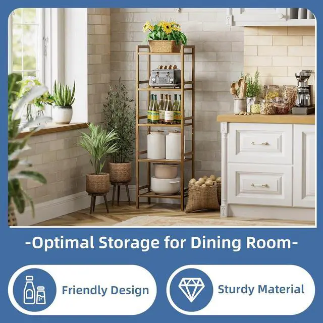 Alt view image 4 of 7 - HITNET Bamboo Book Shelf, Tall Narrow Bookcase, Bathroom Shelving Unit 5 Tier Floor Standing Adjustable Bookshelf for Small Spaces, Walnut