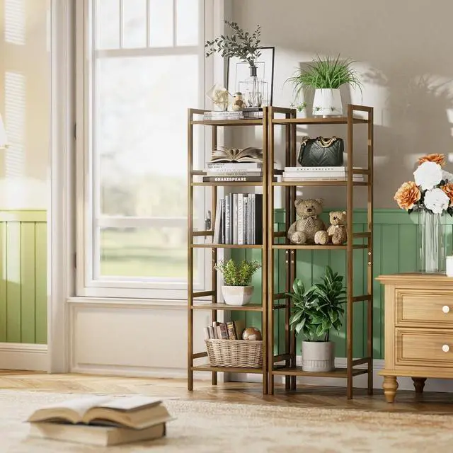 Alt view image 2 of 7 - HITNET Bamboo Book Shelf, Tall Narrow Bookcase, Bathroom Shelving Unit 5 Tier Floor Standing Adjustable Bookshelf for Small Spaces, Walnut