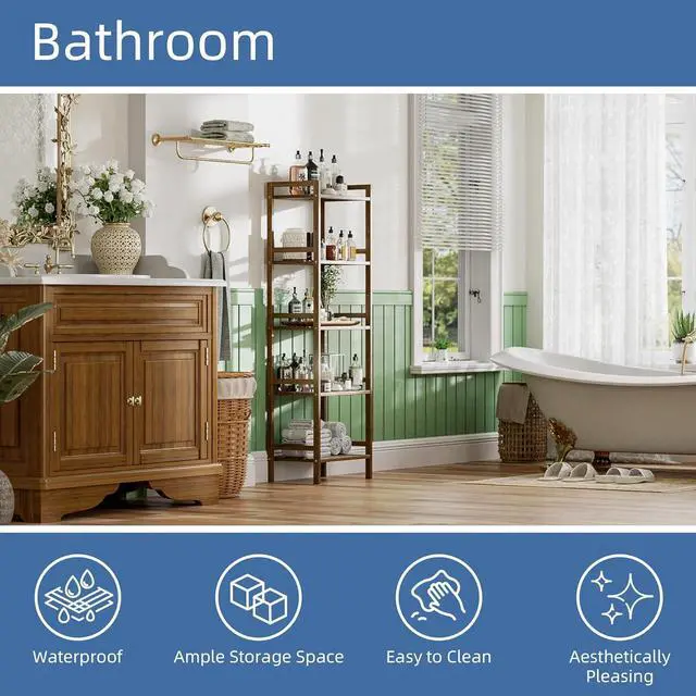 Alt view image 5 of 7 - HITNET Bamboo Book Shelf, Tall Narrow Bookcase, Bathroom Shelving Unit 5 Tier Floor Standing Adjustable Bookshelf for Small Spaces, Walnut