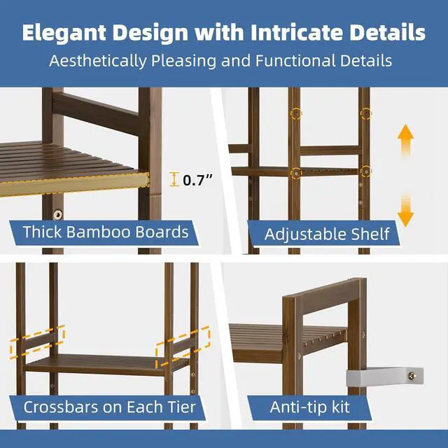 Alt view image 6 of 7 - HITNET Bamboo Book Shelf, Tall Narrow Bookcase, Bathroom Shelving Unit 5 Tier Floor Standing Adjustable Bookshelf for Small Spaces, Walnut
