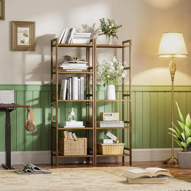 Alt view image 7 of 7 - HITNET Bamboo Book Shelf, Tall Narrow Bookcase, Bathroom Shelving Unit 5 Tier Floor Standing Adjustable Bookshelf for Small Spaces, Walnut