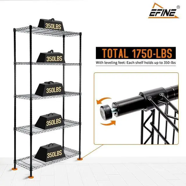 Alt view image 4 of 7 - EFINE 5-Shelf Shelving Unit with Shelf Liners Set of 5, NSF Certified, Adjustable Heavy Duty Metal Wire Shelves, 350lbs Loading Capacity Per Shelf, Storage Rack(36W x 14D x 72H) Pole Diameter 1 Inch