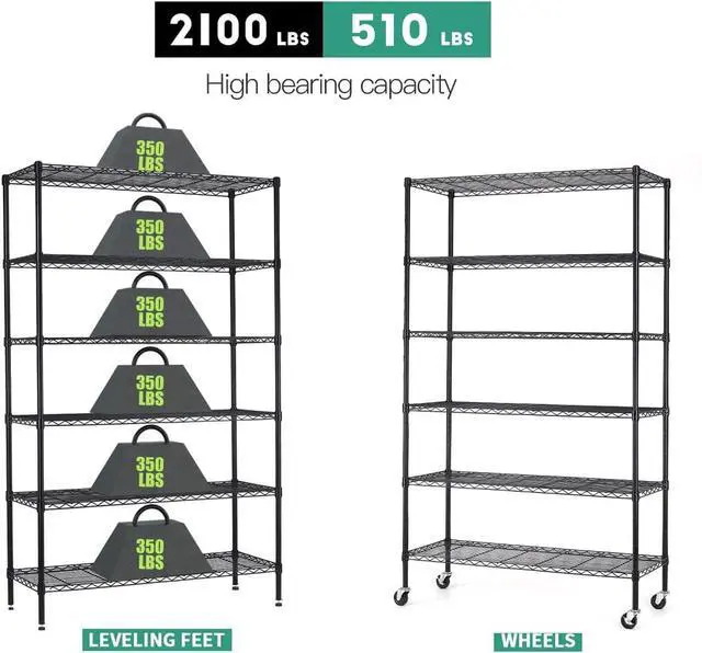 Alt view image 7 of 7 - FDW Wire Shelving Unit with Wheels Steel 6 Tier Heavy Duty Layer Rack Storage Metal Shelf Garage Organizer Wire Rack Shelving Adjustable Utility 2100 LBS Capacity-18x48x82 inch (Black)